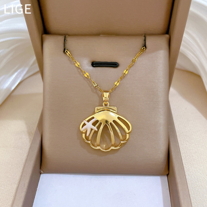 [Titanium Steel] Hollow Shell Oil Drop Set Light Luxury Elegant Gorgeous Full Diamond Necklace for Women Versatile Collarbone Titanium Steel Chain