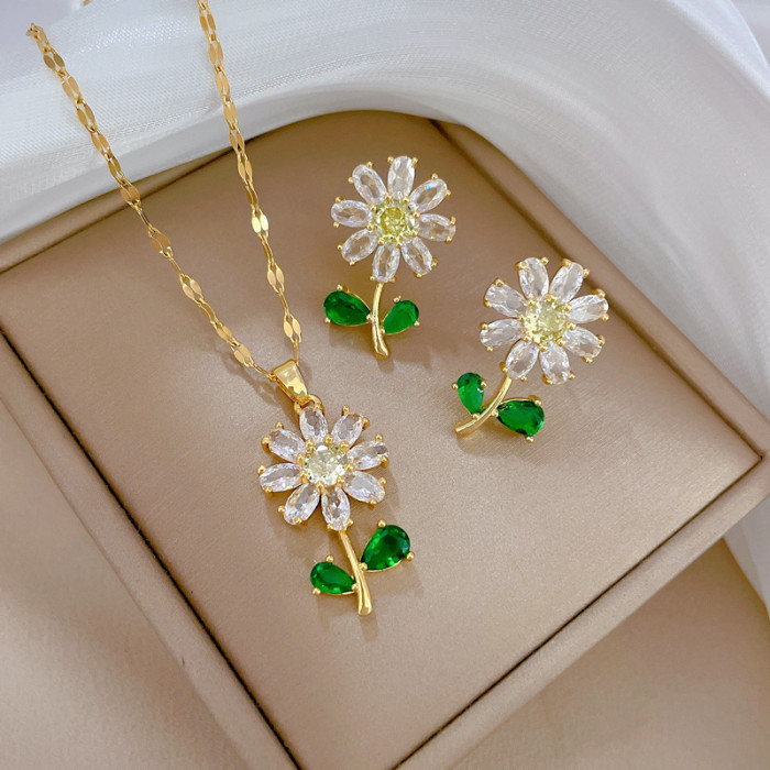 [Titanium Steel] Green Leaf Flower Necklace and Earring Set Light Luxury Micro Inlay Personality Temperament Banquet...