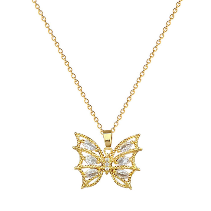 [Titanium Steel] Necklace and Earring Set Light Luxury Full Diamond Threaded Hollow Butterfly Personality Elegant Party Earrings Necklace Set