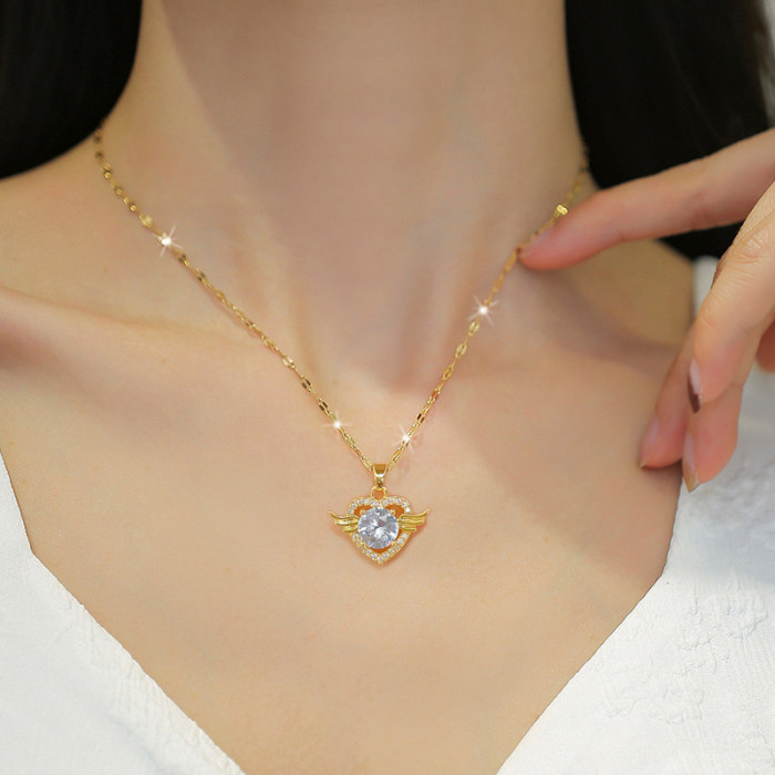 [Titanium Steel] Heart Wings Necklace and Earrings Set Light Luxury Micro Inlay Personality Temperament Banquet Earrings Necklace Combination