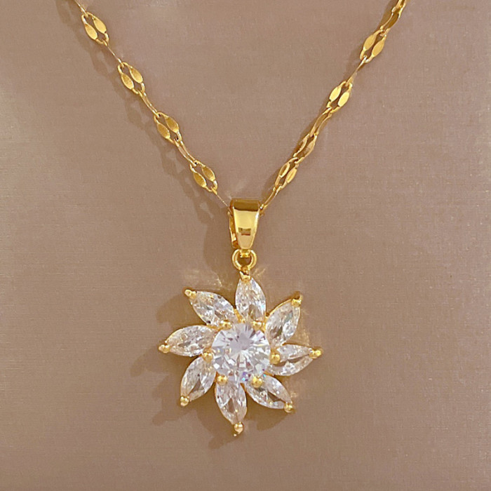 [Titanium Steel] Micro Inlaid Necklace and Earrings Set Light Luxury Rotating Flower Personality Elegant Party Earrin...