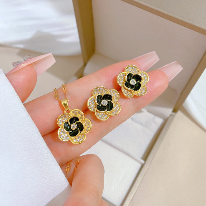 [Titanium Steel] Flower Micro Inlaid Necklace Earrings Set Light Luxury Micro Inlaid Personality Temperament Banquet...