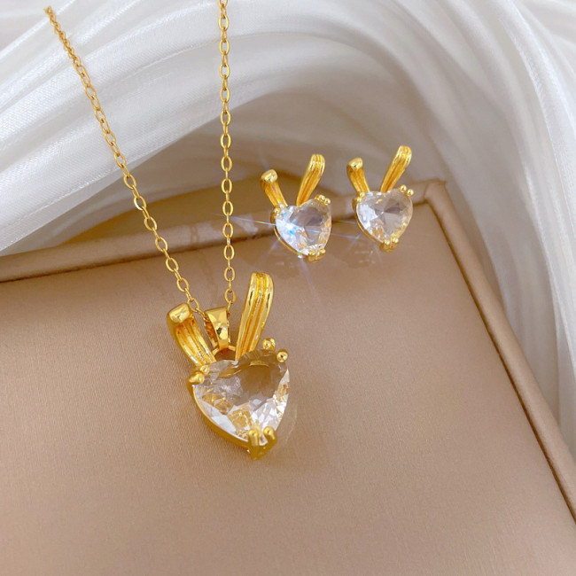 [Titanium Steel] Curved Ear Rabbit Glass Set Light Luxury Elegant Fully Stone-Set Necklace for Women Versatile Collarbon...