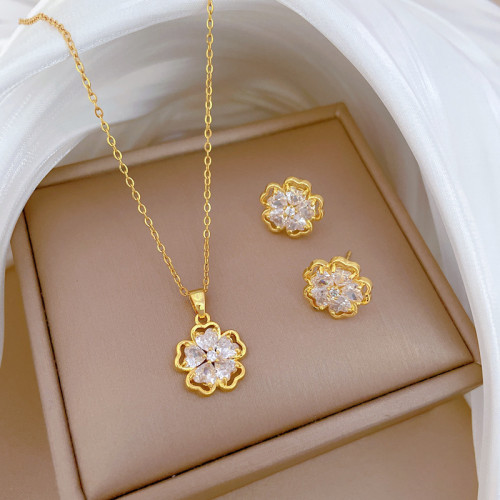 [Titanium Steel] Hollow Flower Necklace and Earring Set Light Luxury Micro Inlay Personality Temperament Banquet Earrings Necklace Combination