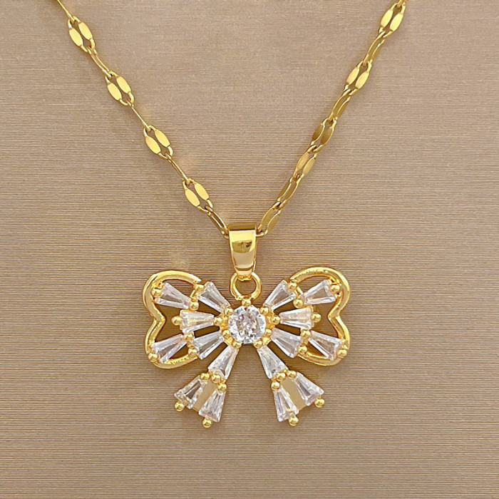 [Titanium Steel] Micro Inlaid Necklace and Earrings Set Light Luxury Micro Inlaid Butterfly Personality Elegant Party...