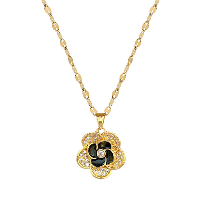 [Titanium Steel] Flower Micro Inlaid Necklace Earrings Set Light Luxury Micro Inlaid Personality Temperament Banquet...