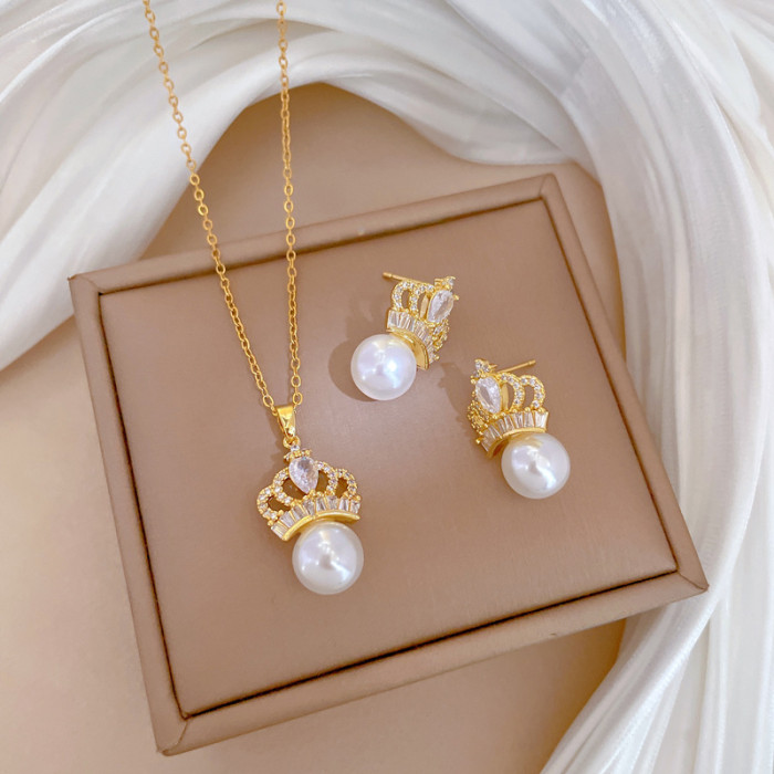 [Titanium Steel] Necklace and Earring Set Light Luxury Full Diamond Pearl Crown Personality Elegant Party Earrings Ne...