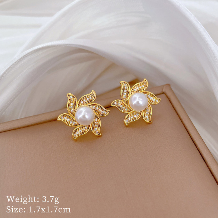 [Titanium Steel] Necklace and Earring Set Light Luxury Full Diamond Rotating Pearl Flower Personality Elegant Party E...