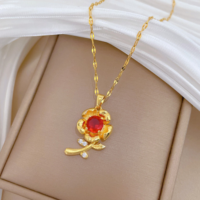 [Titanium Steel] Red Rose Flower Set Light Luxury Elegant Gorgeous Fully Stone-Set Necklace for Women Versatile Collarbo...