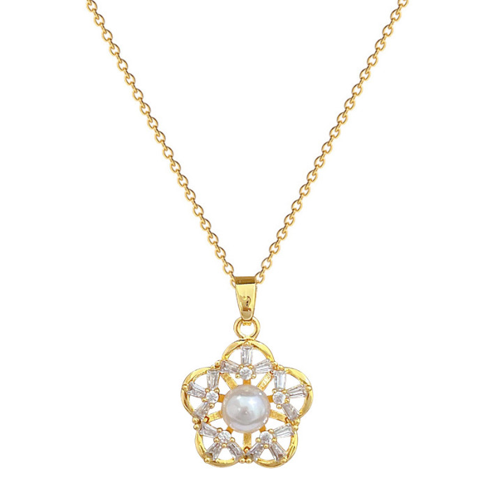 [Titanium Steel] Necklace and Earring Set Light Luxury Fully Stone-Set Filigree Five-Leaf Flower Personality Elegant Par...