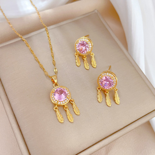 [Titanium Steel] Necklace and Earring Set Light Luxury Full Diamond Dream Net Tassel Personality Temperament Banquet Earrings Necklace Set