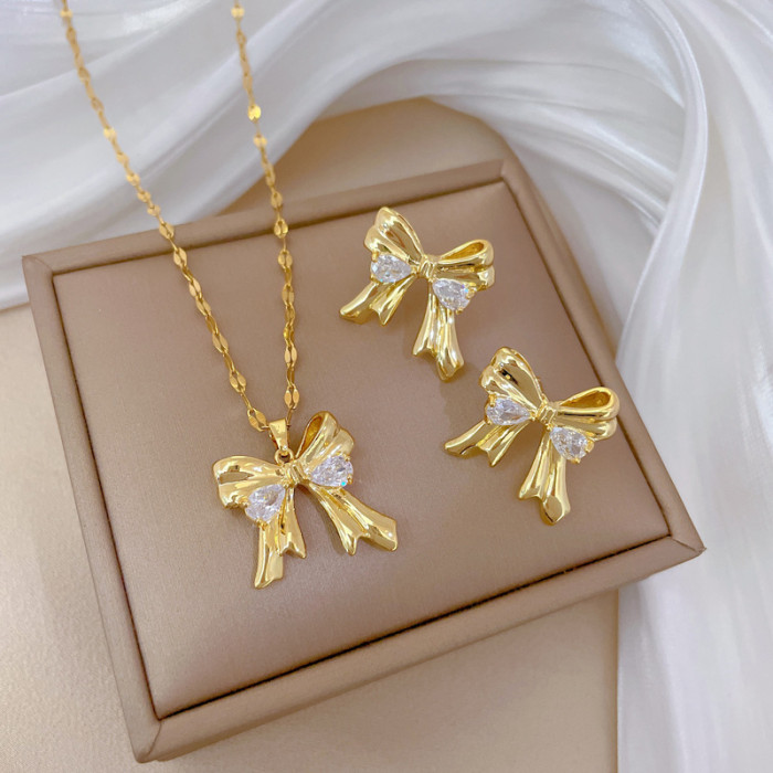 [Titanium Steel] Necklace and Earring Set Light Luxury Fully Stone-Set Bow Zircon Personality Elegant Party Earrings Nec...