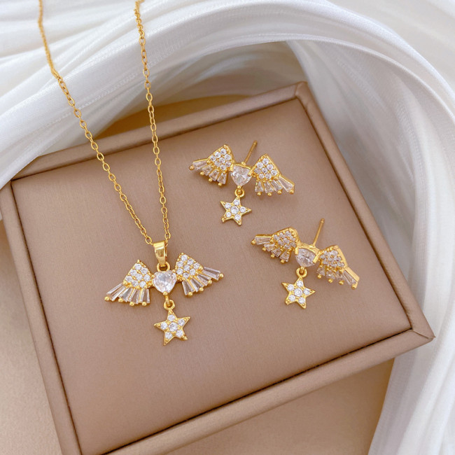 [Titanium Steel] Necklace and Earrings Set Light Luxury Full Diamond Five-Pointed Star Wings Personality Elegant Party Earrings Necklace Set