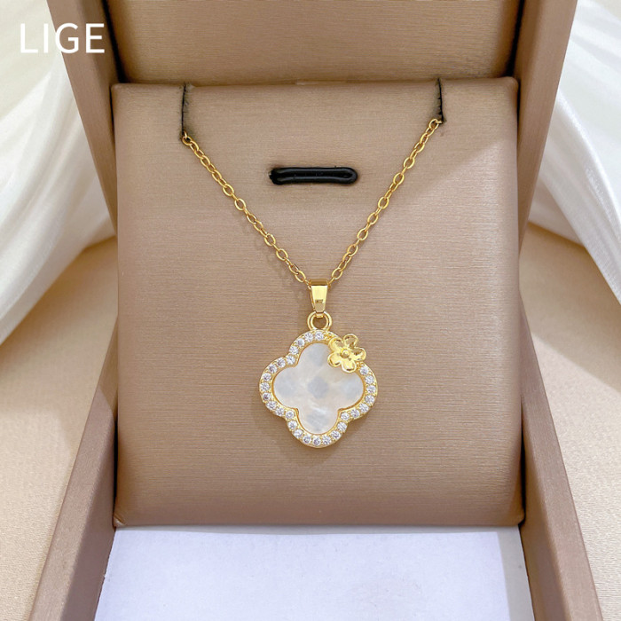 [Titanium Steel] Necklace and Earring Set Light Luxury Fully Stone-Set Lucky Clover Shell Personality Elegant Party Earr...
