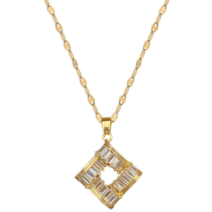 [Titanium Steel] Necklace and Earring Set Light Luxury Fully Stone-Set Geometric Square Personality Temperament Banquet...
