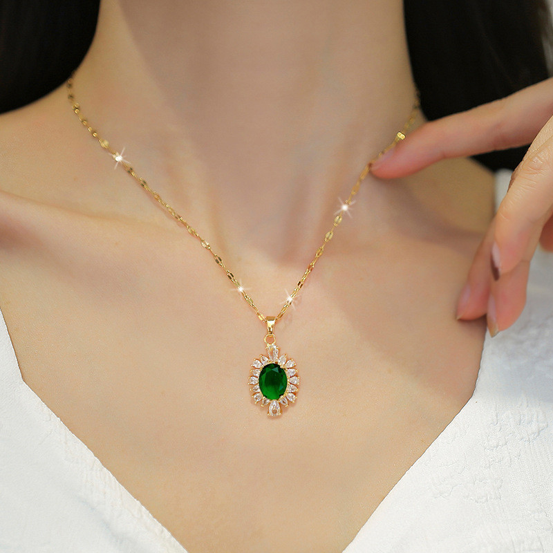 [Titanium Steel] Diamond-shaped Horse Eye Necklace and Earring Set Light Luxury Micro-inlaid Personality Temperament Banquet Earrings Necklace Combination