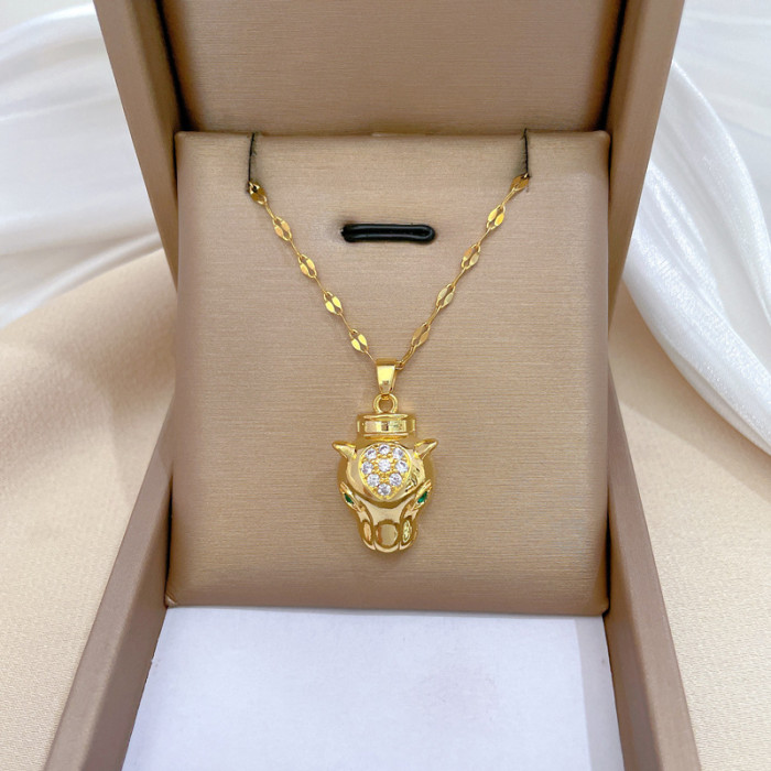 [Titanium Steel] Leopard Head Necklace and Earrings Set Light Luxury Micro Inlay Personality Temperament Banquet Earrings Necklace Combination