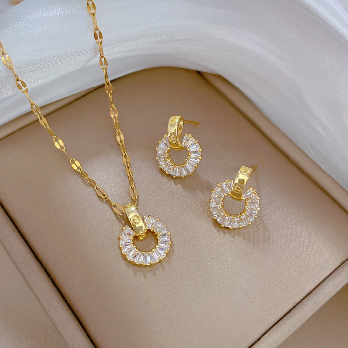[Titanium Steel] Fully Stone-Set Round Ring Necklace Earring Set Light Luxury Micro Inlay Personality Temperament Banque...
