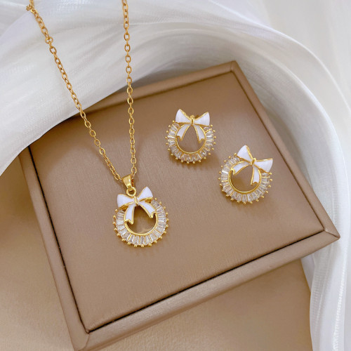 [Titanium Steel] Micro Inlaid Necklace and Earrings Set Light Luxury Round Ring Bowknot Personality Elegant Party Earrings Necklace Set