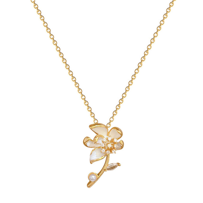 [Titanium Steel] Necklace and Earring Set Light Luxury Full Diamond Branch Flower Personality Elegant Party Earrings Necklace Set