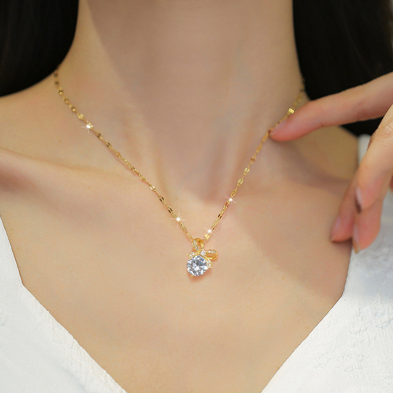 [Titanium Steel] Micro Inlaid Necklace and Earrings Set Light Luxury Bowknot Personality Temperament Banquet Earrings Necklace Combination