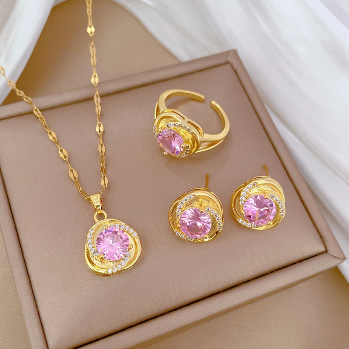 [Titanium Steel] Necklace Earrings Ring Set Light Luxury Fully Stone-Set Rotating Zircon Elegant Banquet Earrings Neckla...