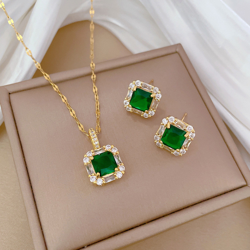[Titanium Steel] Necklace and Earring Set Light Luxury Full Diamond Green Square Personality Temperament Banquet Earrings Necklace Set