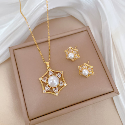 [Titanium Steel] Necklace and Earrings Set Light Luxury Full Diamond Hexagonal Pearl Personality Elegant Party Earrings Necklace Set