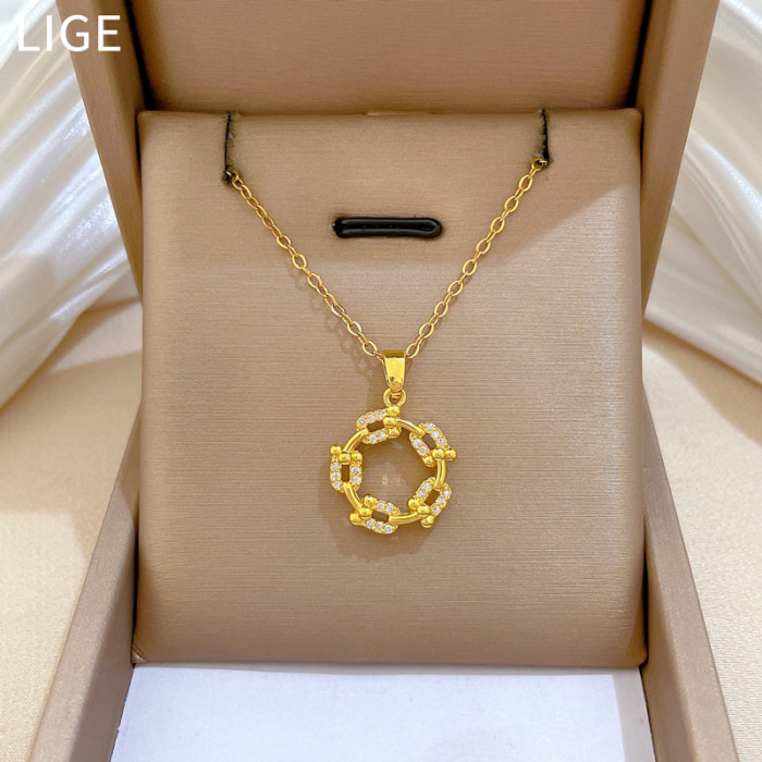 [Titanium Steel] Personalized Round Rotating Zircon Light Luxury Elegant Fully Stone-Set Necklace for Women Versatile Co...