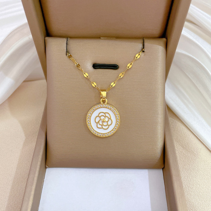 [Titanium Steel] Round Camellia Necklace and Earrings Set Light Luxury Micro Inlay Personality Temperament Banquet Earrings and Necklace Set