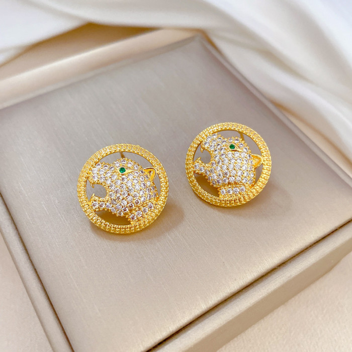 [Titanium Steel] Round Ring Leopard Head Necklace Earring Set Light Luxury Micro Inlay Personality Temperament Banquet Earrings Necklace Combination