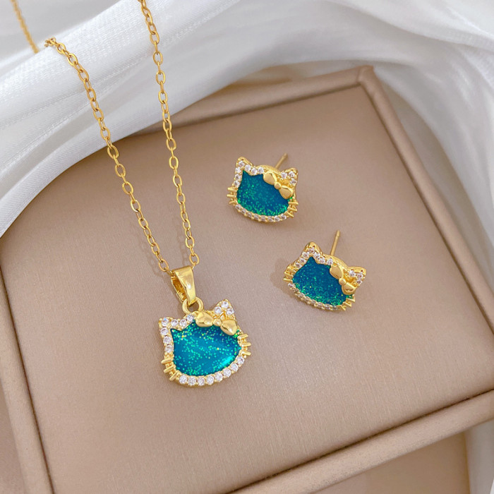 [Titanium Steel] Colorful Bow Cat Light Luxury Elegant Fully Stone-Set Necklace for Women Versatile Collarbone Titanium...