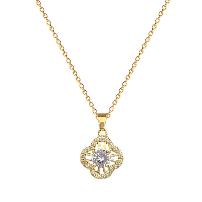 [Titanium Steel] Full Diamond Four-Leaf Flower Necklace and Earring Set Light Luxury Micro Inlay Personality Temperament Banquet Earrings and Necklace Set
