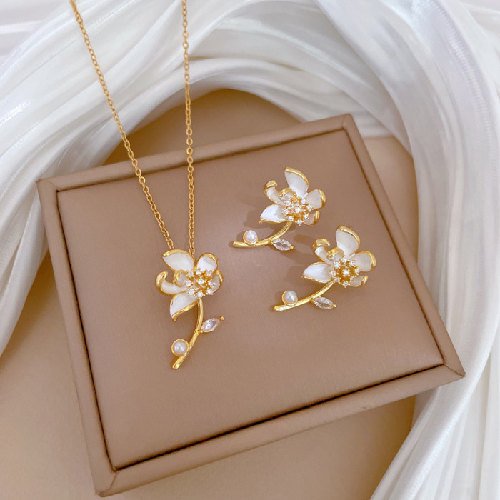 [Titanium Steel] Necklace and Earring Set Light Luxury Full Diamond Branch Flower Personality Elegant Party Earrings Necklace Set
