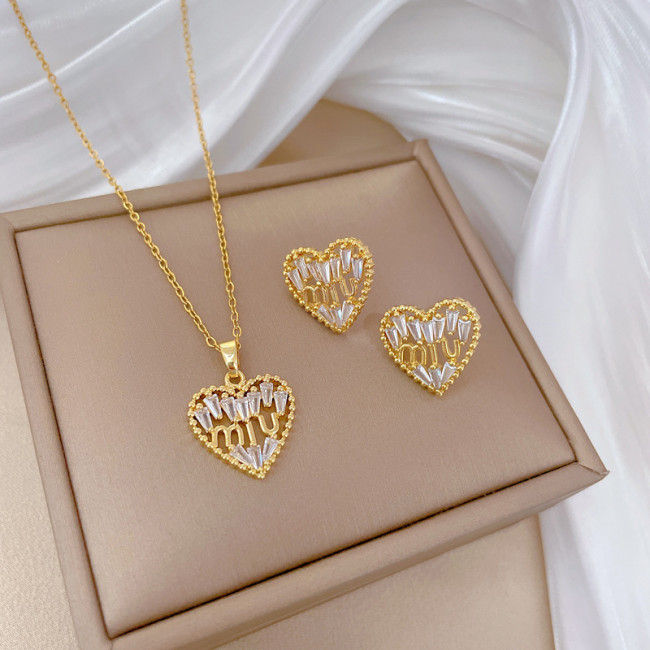 [Titanium Steel] Necklace and Earring Set Light Luxury Full Diamond Hollow Heart Personality Elegant Party Earrings Necklace Set
