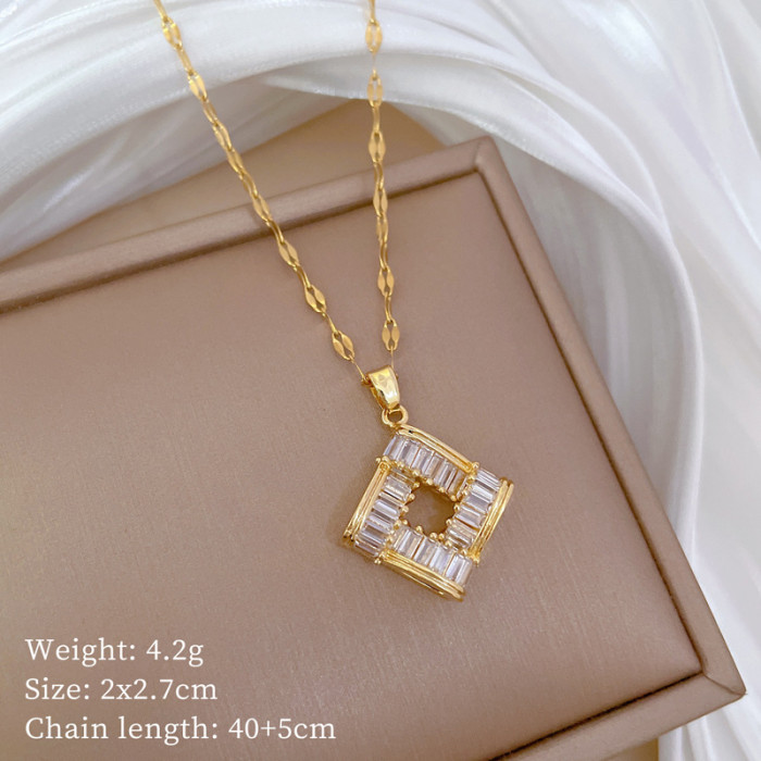 [Titanium Steel] Necklace and Earring Set Light Luxury Fully Stone-Set Geometric Square Personality Temperament Banquet...