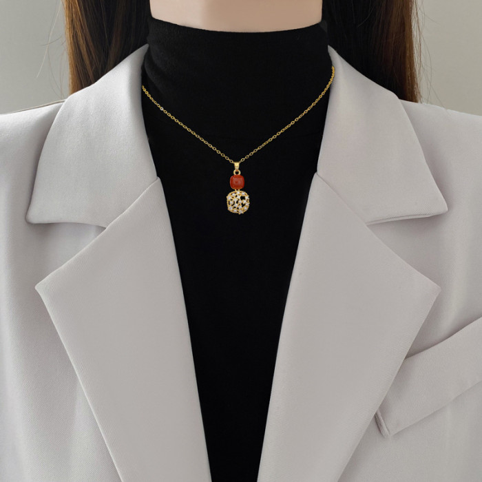 [Titanium Steel] Necklace and Earring Set Light Luxury Full Diamond Oil Drop Square Personality Elegant Party Earrings Necklace Set