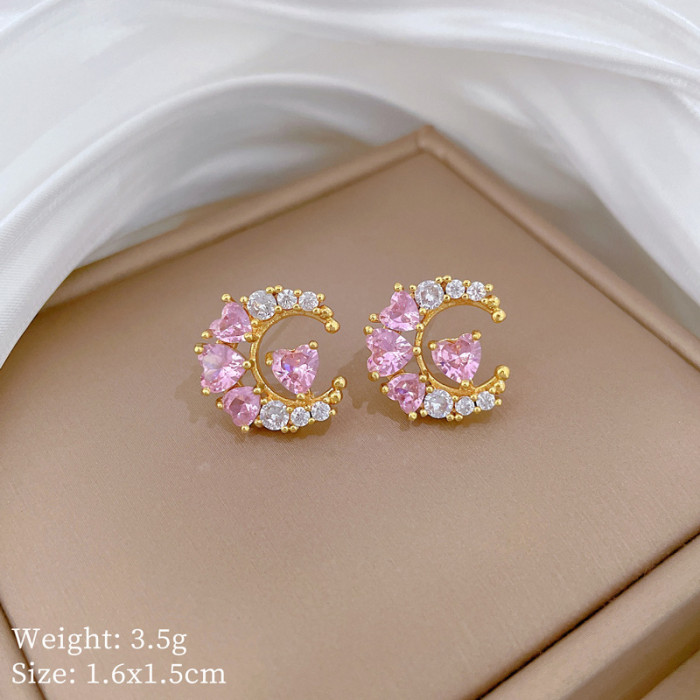 [Titanium Steel] Moon Heart Zircon Set Light Luxury Rhombus Pendant Personality Temperament Banquet Earrings Necklace...