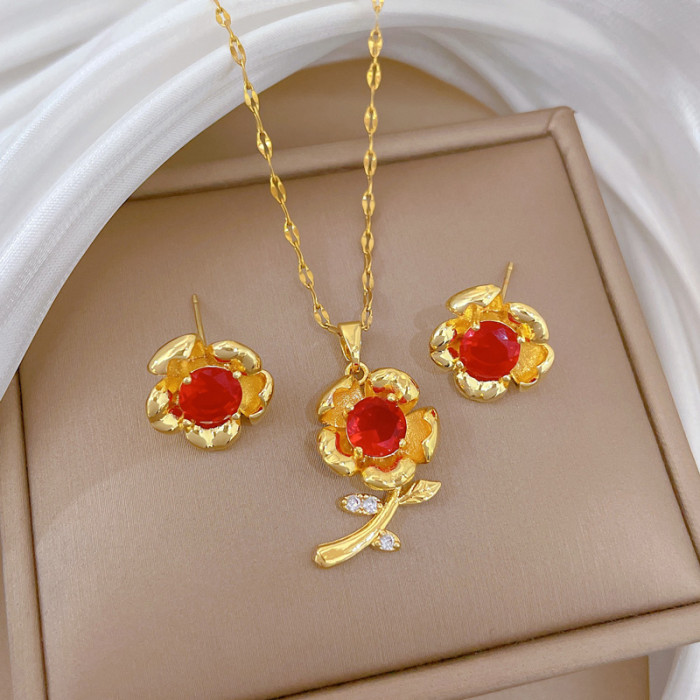 [Titanium Steel] Red Rose Flower Set Light Luxury Elegant Gorgeous Fully Stone-Set Necklace for Women Versatile Collarbo...