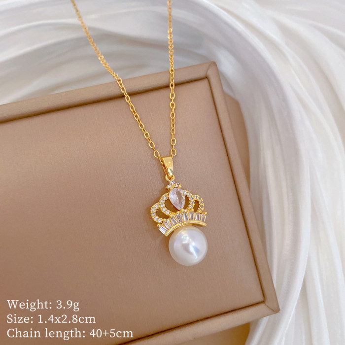 [Titanium Steel] Necklace and Earring Set Light Luxury Full Diamond Pearl Crown Personality Elegant Party Earrings Ne...