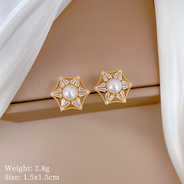 [Titanium Steel] Necklace and Earrings Set Light Luxury Full Diamond Hexagonal Pearl Personality Elegant Party Earrin...