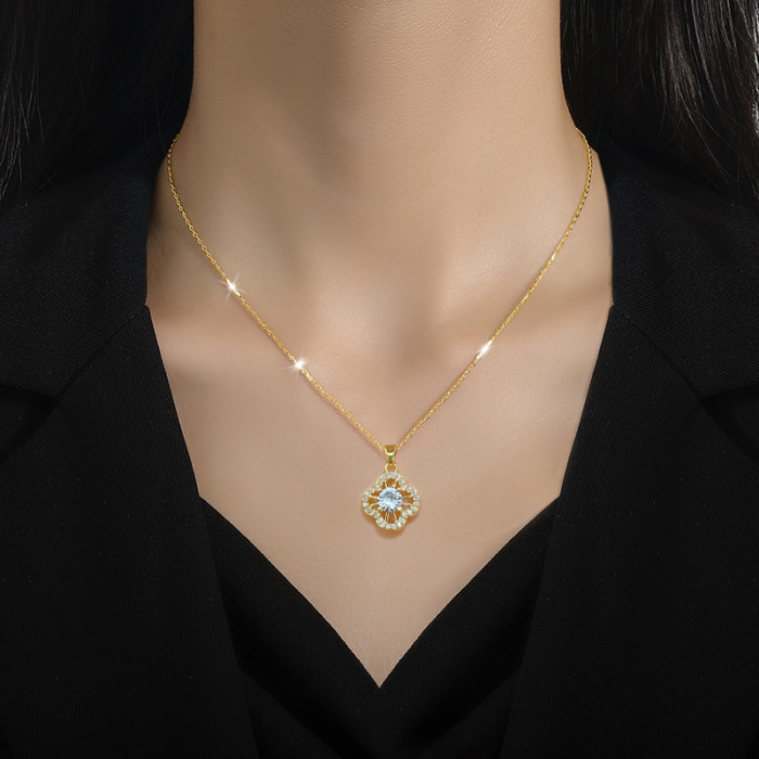 [Titanium Steel] Full Diamond Four-Leaf Flower Necklace and Earring Set Light Luxury Micro Inlay Personality Temperament Banquet Earrings and Necklace Set