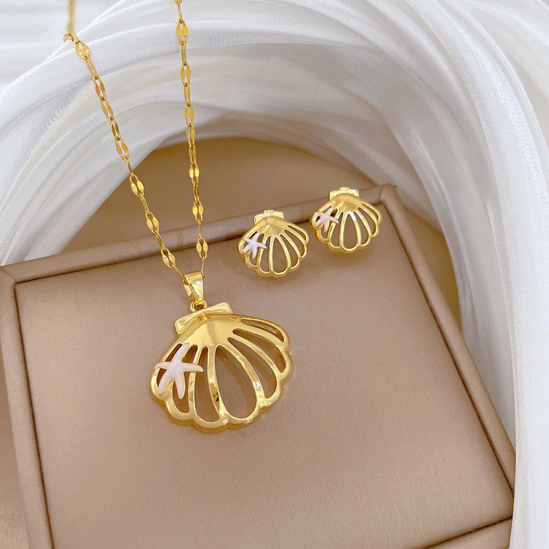 [Titanium Steel] Hollow Shell Oil Drop Set Light Luxury Elegant Gorgeous Full Diamond Necklace for Women Versatile Collarbone Titanium Steel Chain