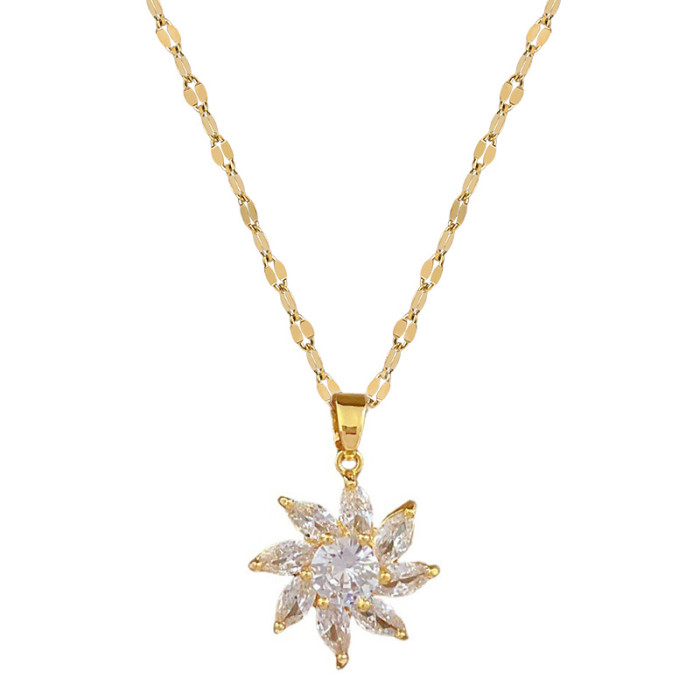 [Titanium Steel] Micro Inlaid Necklace and Earrings Set Light Luxury Rotating Flower Personality Elegant Party Earrin...