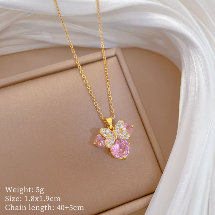 [Titanium Steel] Necklace and Earring Set Light Luxury Fully Stone-Set Cat Bowknot Personality Elegant Party Earrings Ne...