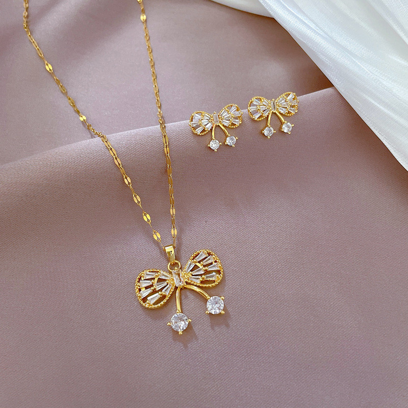 [Titanium Steel] Micro Inlaid Necklace and Earrings Set Light Luxury Micro Inlaid Butterfly Personality Elegant Party Earrings Necklace Set