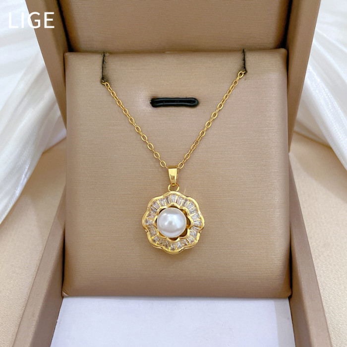 [Titanium Steel] Necklace and Earring Set Light Luxury Heavy Craft Pearl Full Diamond Personality Temperament Banquet Earrings Necklace Set
