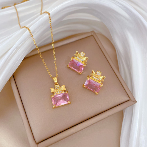 [Titanium Steel] Necklace and Earring Set Light Luxury Butterfly Perfume Bottle Full Diamond Personality Elegant Party Earrings Necklace Set