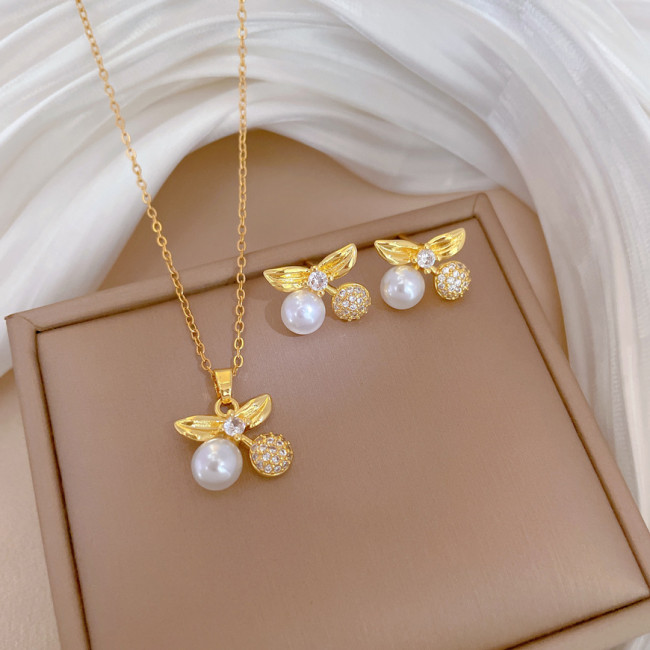 [Titanium Steel] Necklace and Earring Set Light Luxury Full Diamond Pearl Cherry Personality Elegant Party Earrings N...