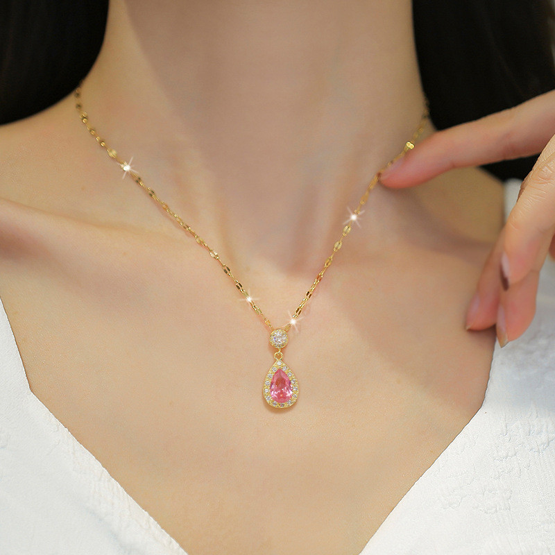 [Titanium Steel] Water Drop Light Luxury Necklace and Earring Set Light Luxury Micro Inlay Personality Temperament Banquet Earrings Necklace Set